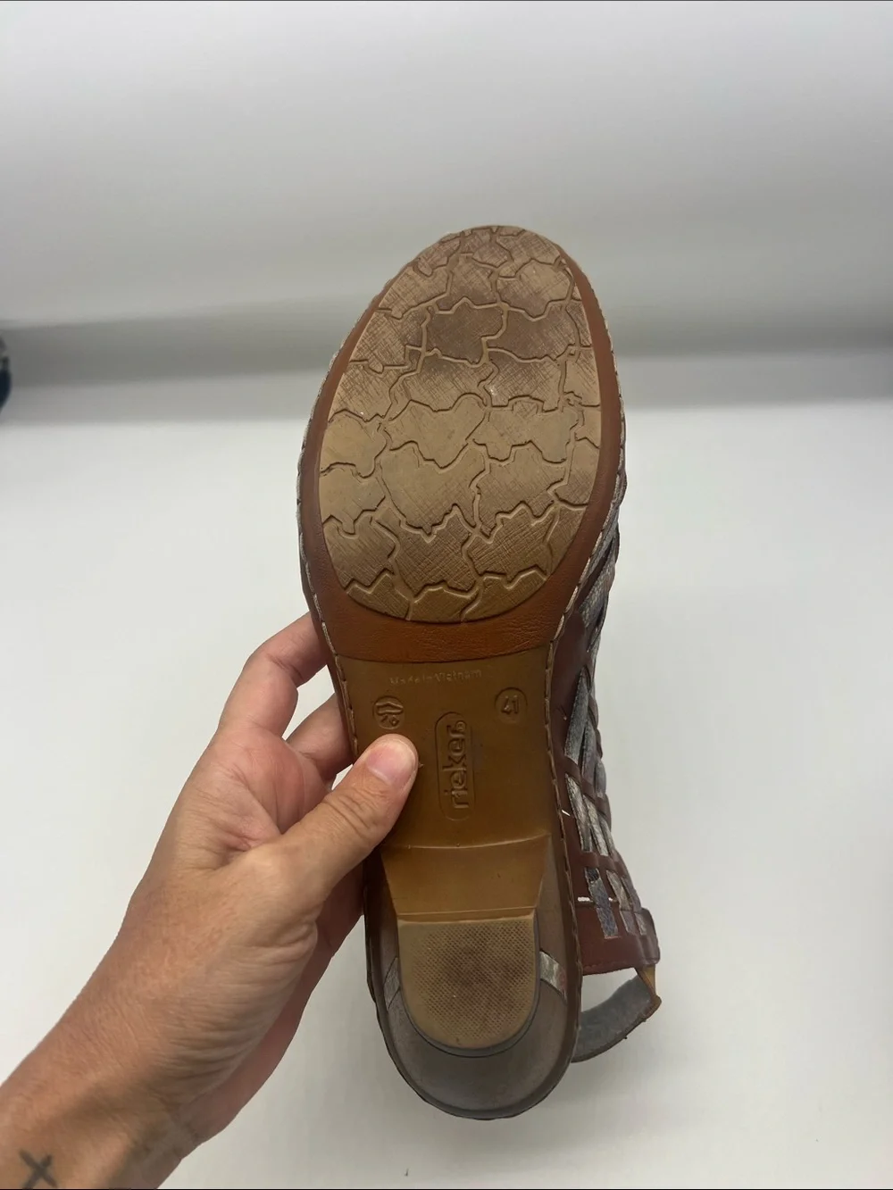Rieker - Sina 46778 Brown Leather Multi Colored Woven Round Toe Shoes Size 41
